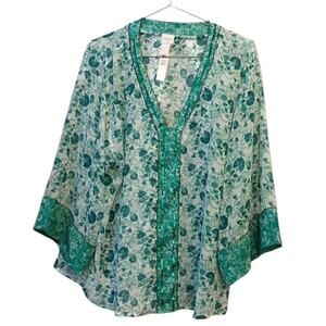 CHICO'S 3 Blouse Top Tunic‎ Swim Cover Up XL Sheer Beaded Sequin Beach Vacation